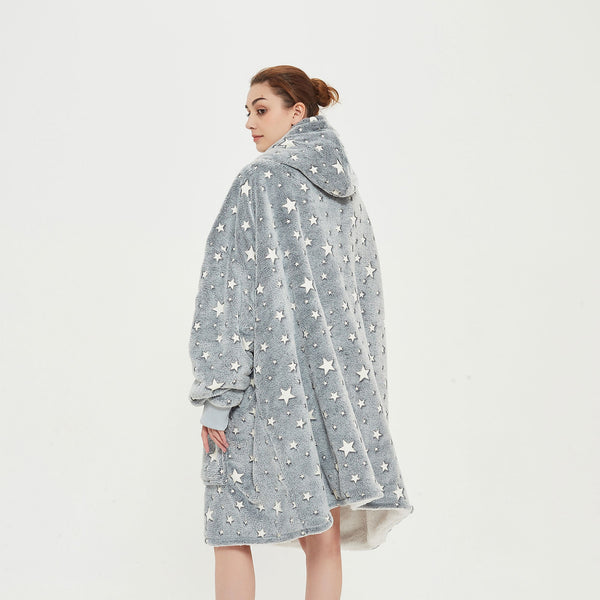 Snuggyz star glow-in-the-dark hoodie blanket, soft and cozy with star patterns, perfect for lounging and warmth during chilly nights.