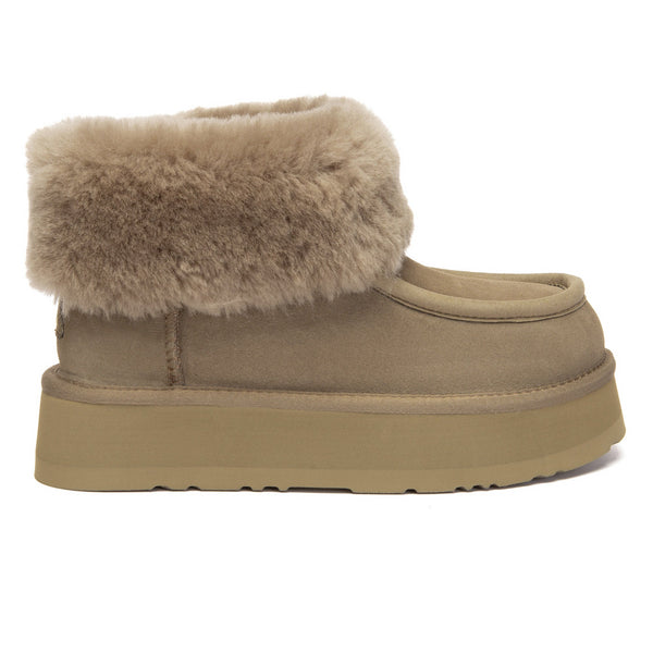 EverUgg Loofee UGG boots in tan with plush shearling lining and rugged rubber sole, stylish winter footwear.